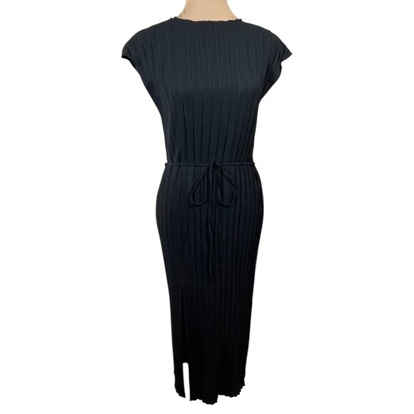 Zara Pleated Midi Dress Cap Sleeve Size S Small Black Lightweight Slit - Picture 1 of 6
